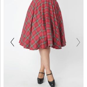 Unique Vintage Magnolia Place Sally Swing Skirt in Red and Green Plaid. NWT